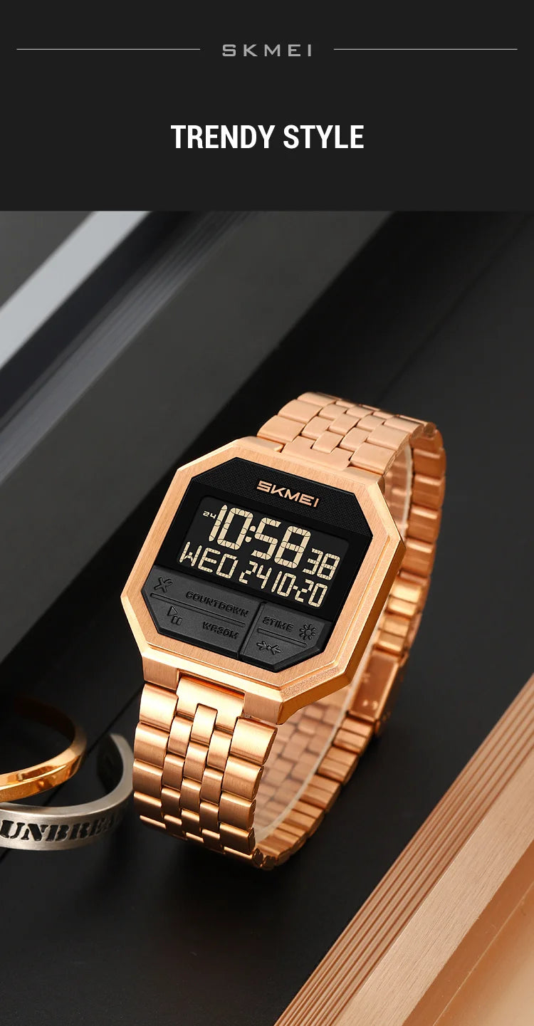 Skmei Luxury Steel Strap Digital Watches for Mens LED Light 50M Waterproof Fashion Sports Dual Time with Alarm Clock