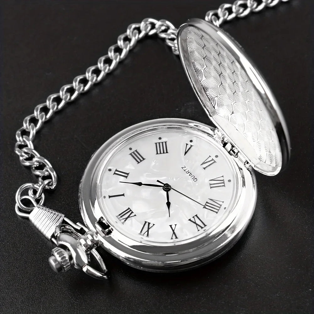Smooth Steel Quartz Pocket Watch, Vintage Roman Number Dial Watch