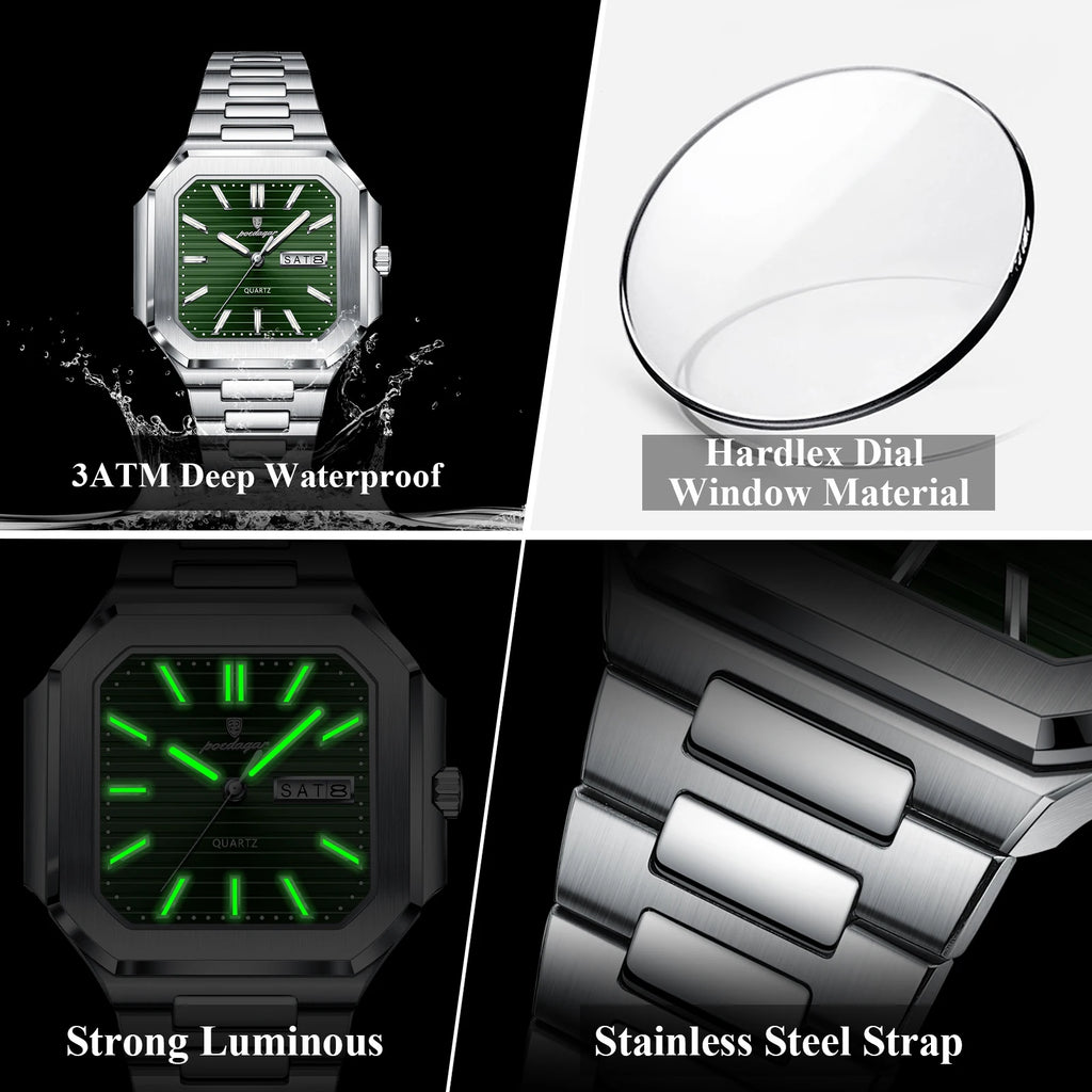 POEDAGAR Luxury Square Male Watch Waterproof Luminous Date Week Quartz Watches For Men Stainless Steel Fashion Men's Clock Reloj