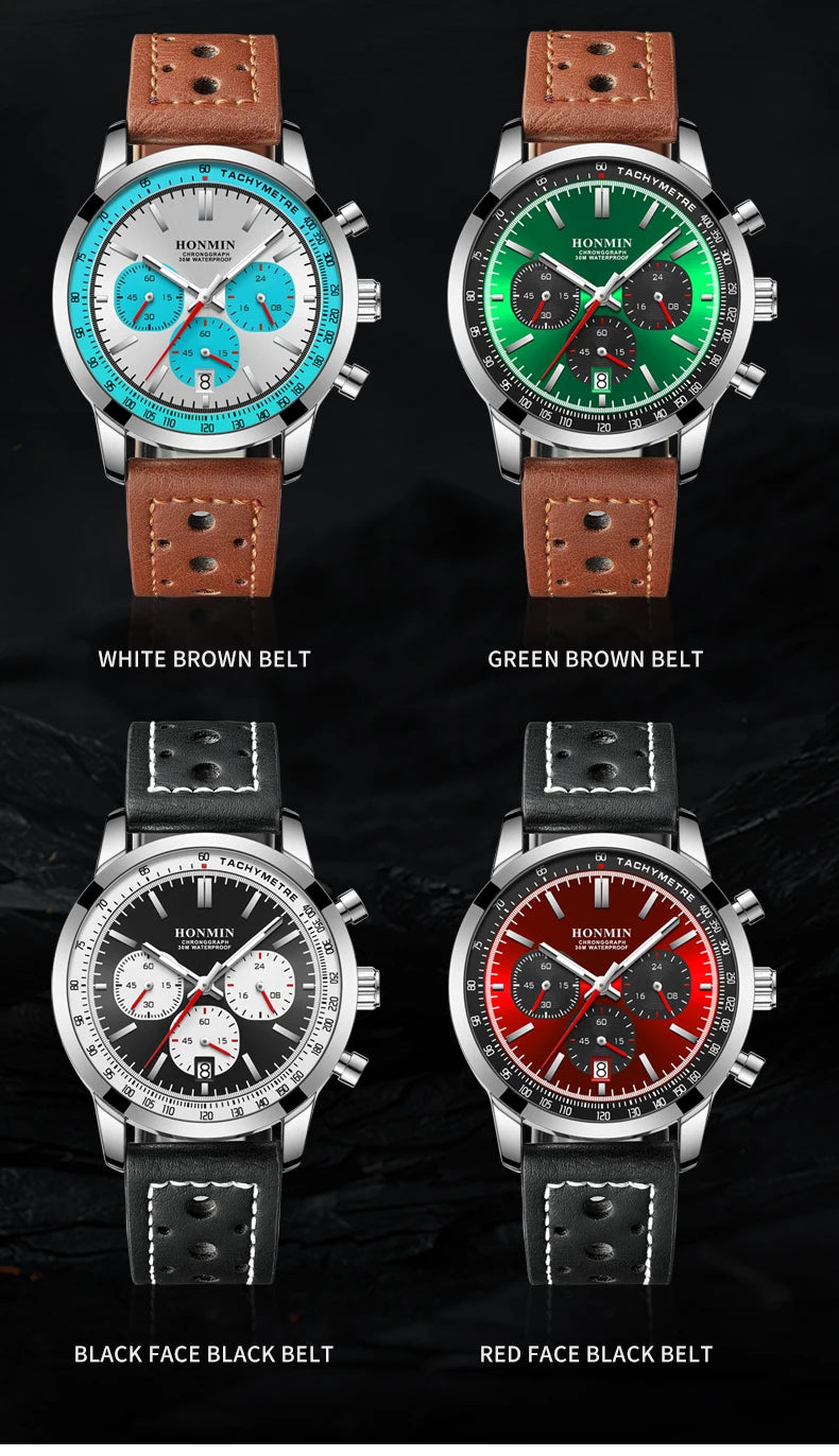 HONMIN Man Luxury Watch High Quality Waterproof Chronograph Luminous Men's Wristwatch Leather Men Quartz Watches Casual Clock