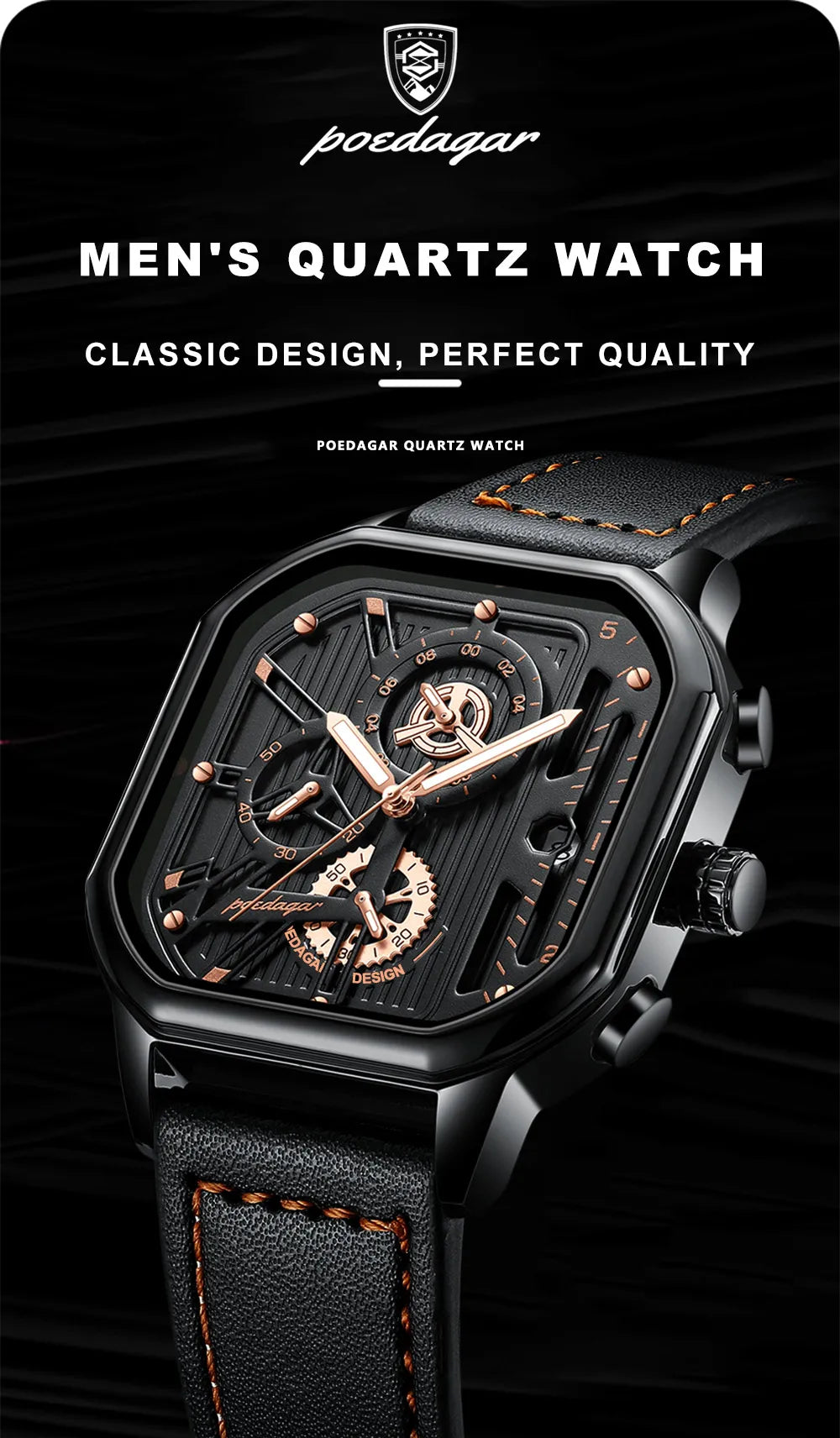 POEDAGAR New Luxury Casual Men's Quartz Watch Chronograph Date Waterproof Luminous Leather Man Watches Military Sports Men Watch