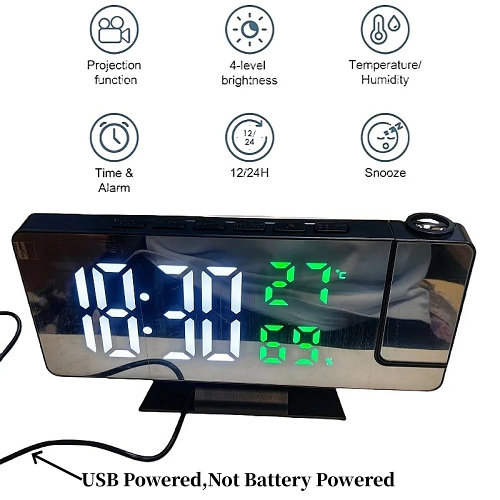 180° Rotation Projection Digital Alarm Clock Temperature Humidity Night Mode Snooze 12/24H USB Powered Projector Table LED Clock