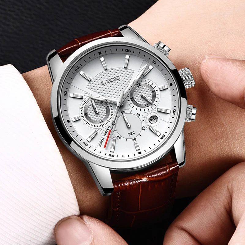 LIGE New Brown Leather Watch for Men Fashion Top Brand Luxury Men's Quartz Wristwatches Casual Waterproof Luminous Chronograph