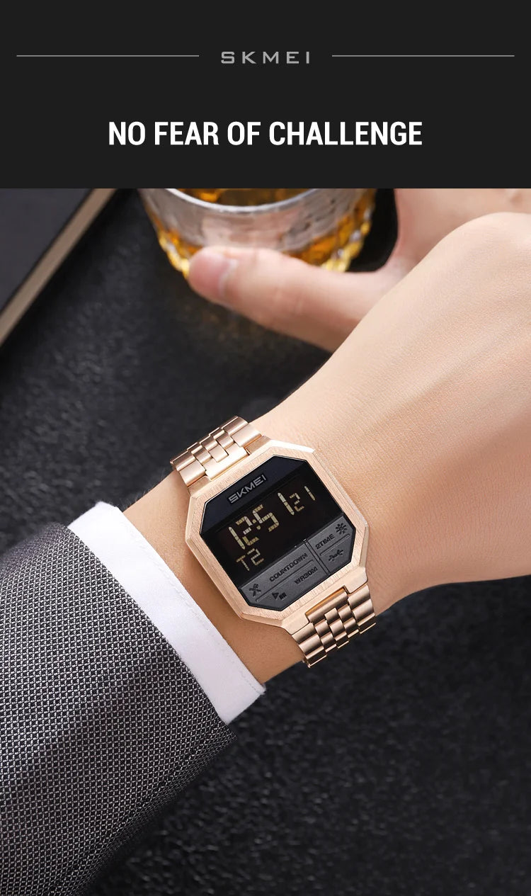 Skmei Luxury Steel Strap Digital Watches for Mens LED Light 50M Waterproof Fashion Sports Dual Time with Alarm Clock