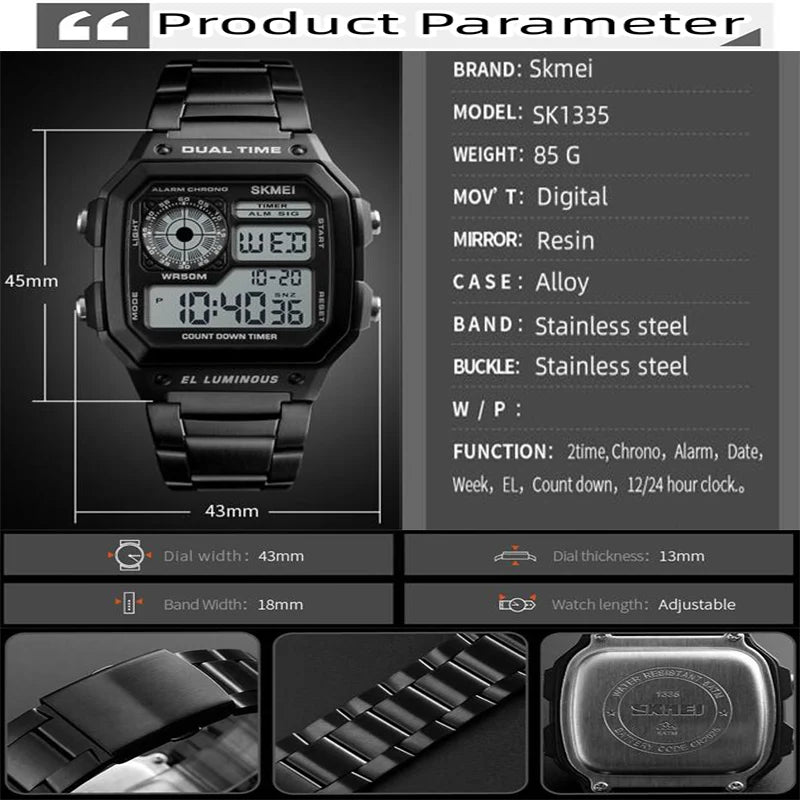 Skmei Dual Time Zone Men's Digital Sports Bracelet Watches Luxury Stainless Steel Band 50M Waterproof Led Chronograph Stop Watch