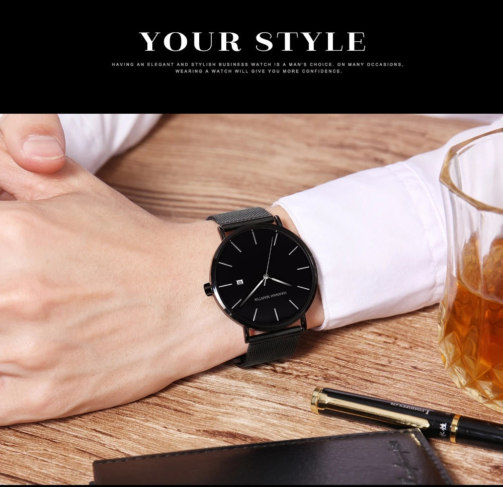 Men Dropshipping Wristwatch Hannah Martin Japan Movement 40mm Blue Minimalist Casual Leather Top Brand 3Bar Luxury Watch for Men
