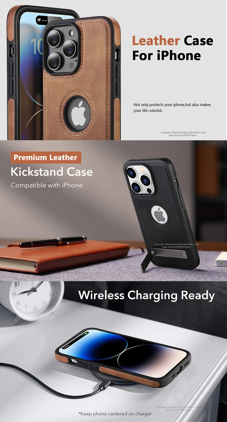 PU Leather Phone Case with Kickstand for iPhone 17 16 15 Pro Max 14 Plus 13 12 11 Mini Soft Grip Luxury Back Cover with Stand