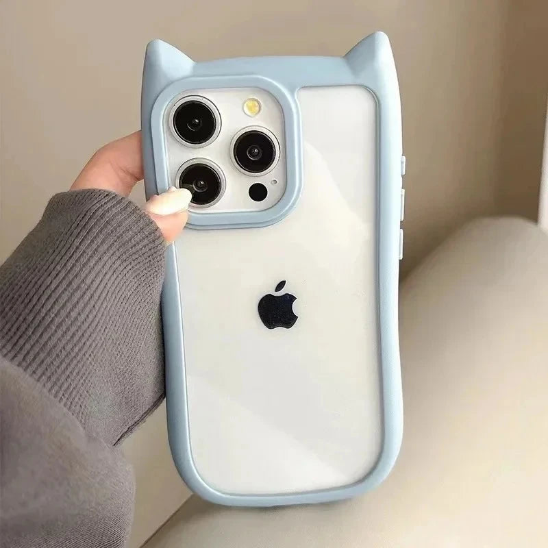 Soft Silicone Cute Cat Ear Phone Case For iPhone 16 17 13 15 14 12 11 Pro Max Air XS Max Funda Transparent Shockproof Back Cover