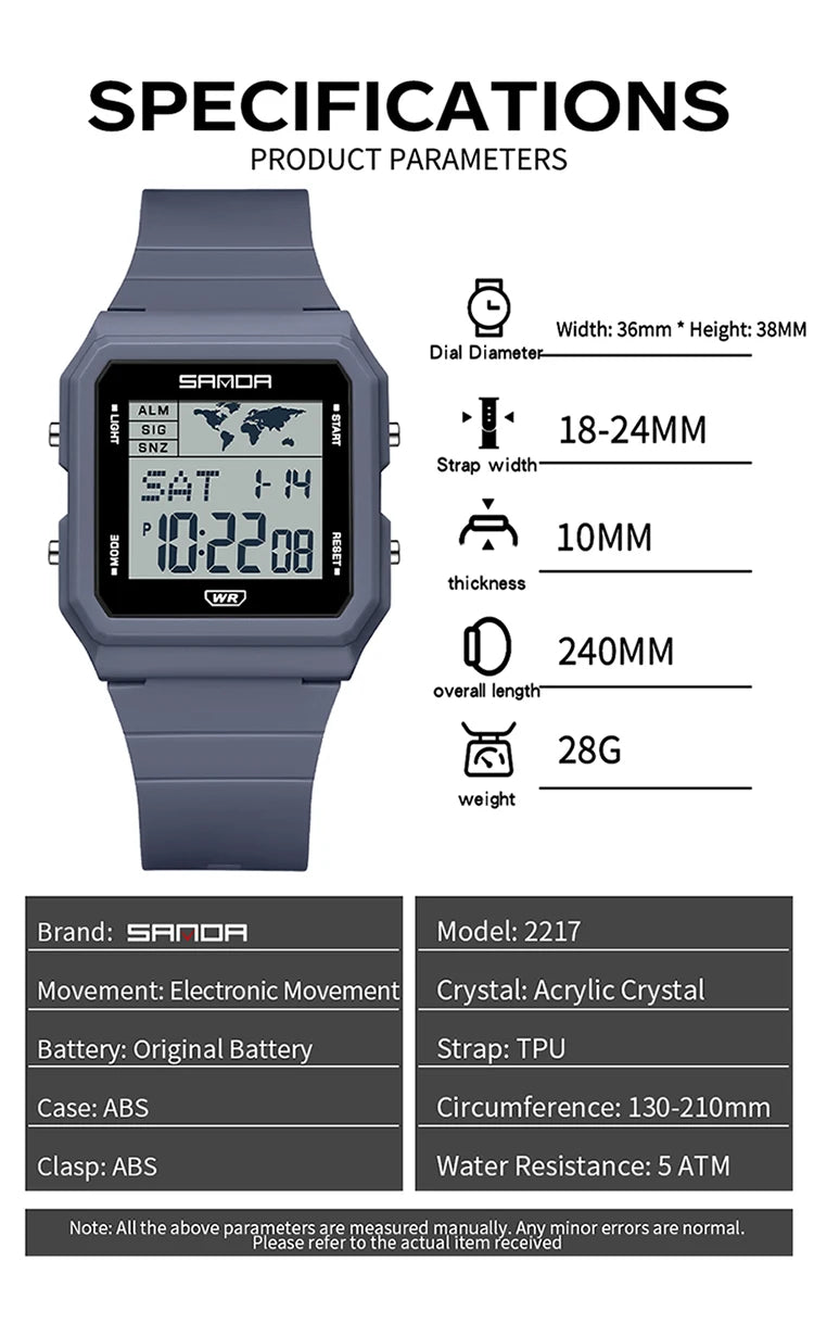 SANDA 2217 Sports Fashion Men Electronic Watches Multifunction Alarm Clock Countdown Luminous Waterproof Men's Digital Wristwatc