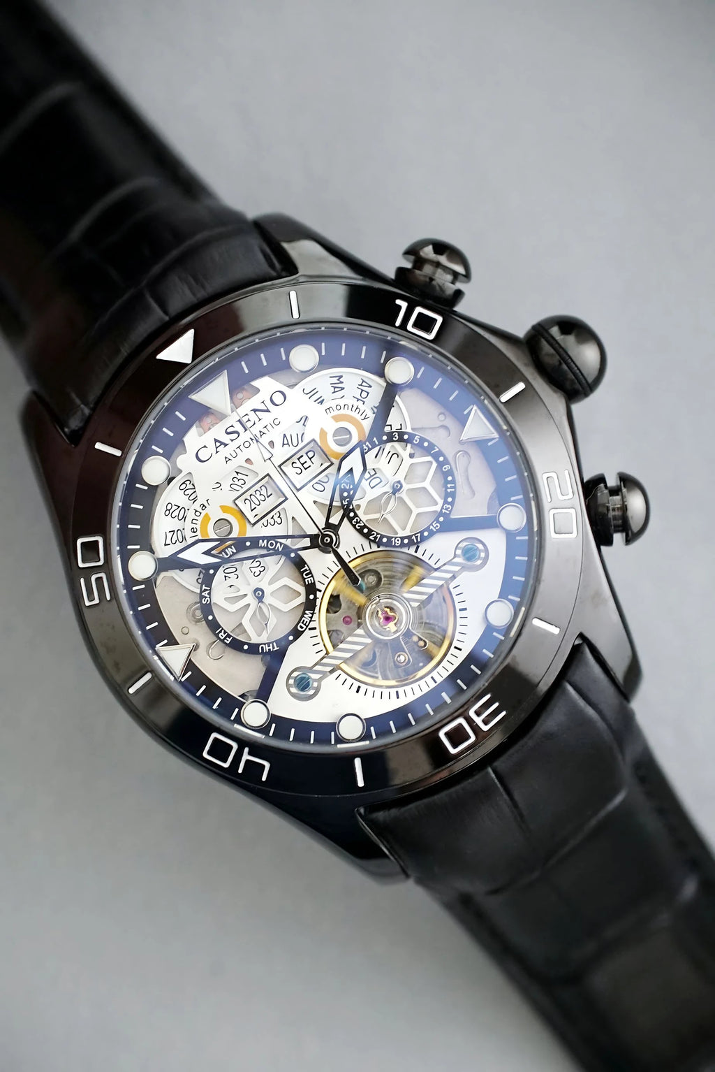 CASENO brand bubble perpetual calendar fully automatic tourbillon large dial mechanical watch belt watch -58284G