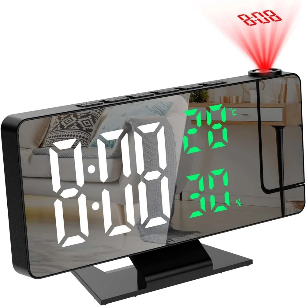180° Rotation Projection Digital Alarm Clock Temperature Humidity Night Mode Snooze 12/24H USB Powered Projector Table LED Clock