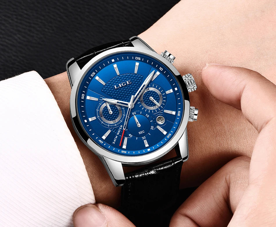 LIGE New Brown Leather Watch for Men Fashion Top Brand Luxury Men's Quartz Wristwatches Casual Waterproof Luminous Chronograph