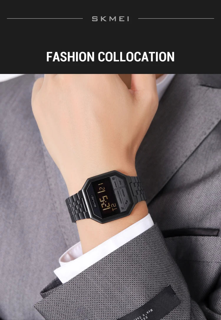Skmei Luxury Steel Strap Digital Watches for Mens LED Light 50M Waterproof Fashion Sports Dual Time with Alarm Clock