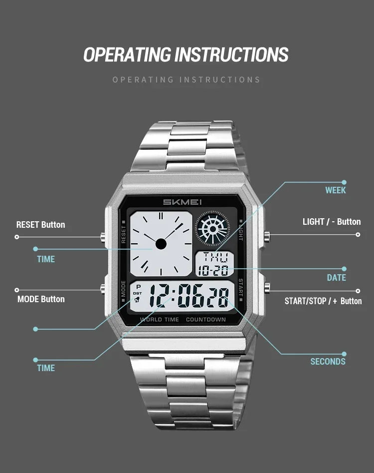 SKMEI 2353 Waterproof Outdoor Sport Stainless Steel Strip Wristwatches Reloj Hombre World Digital Electronic Watch For Men Women