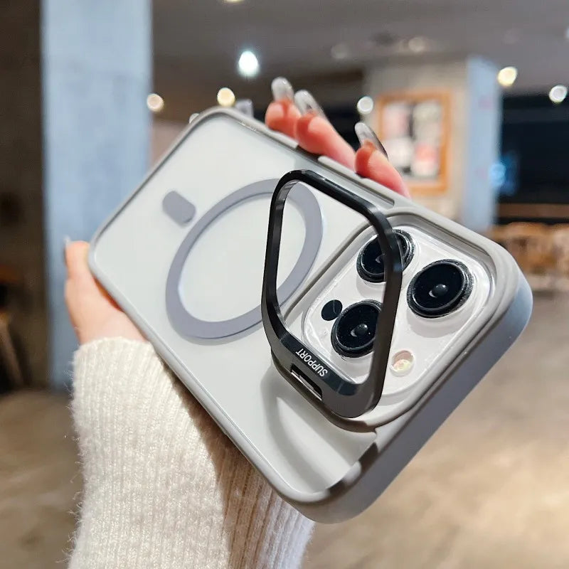 For Magsafe Stand Glass Lens Protector Case For iPhone17 16 15 14 13 11 12 Pro Max 16 Plus Luxury Magnetic Shockproof Back Cover
