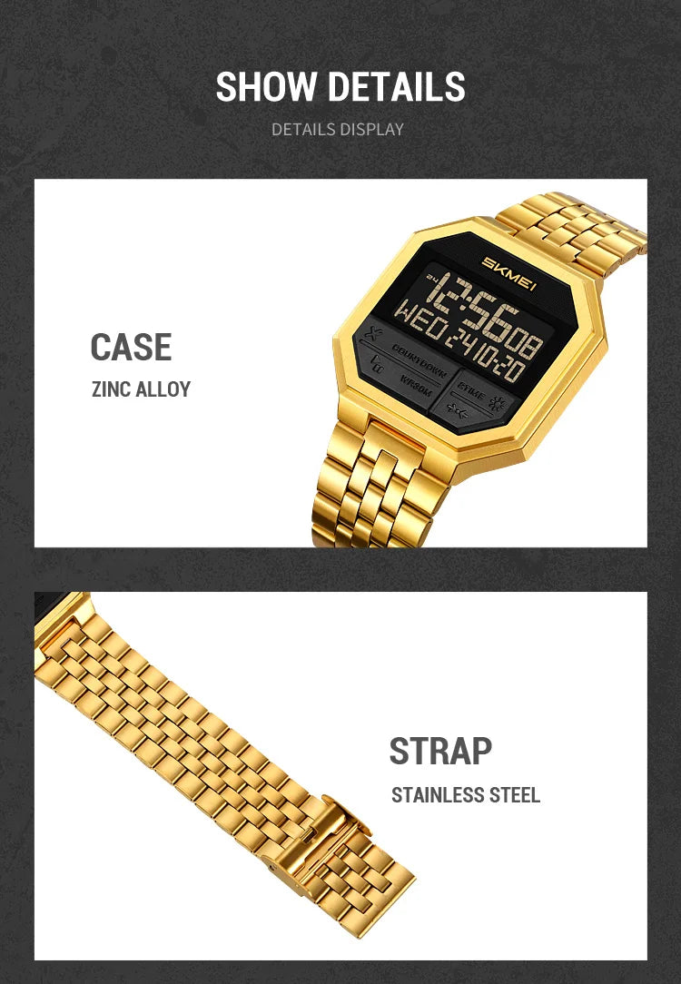 Skmei Luxury Steel Strap Digital Watches for Mens LED Light 50M Waterproof Fashion Sports Dual Time with Alarm Clock