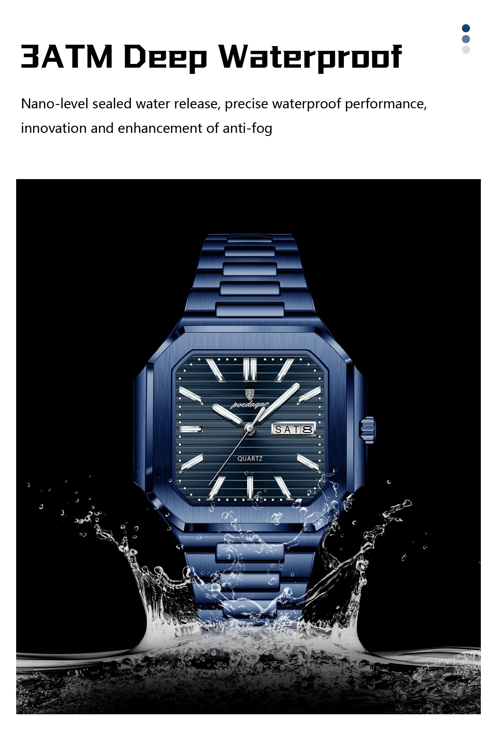 POEDAGAR Top Luxury Brand Male Watch Waterproof Luminous Date Week Quartz Men's Watches Stainless Steel Fashion Square Men Watch