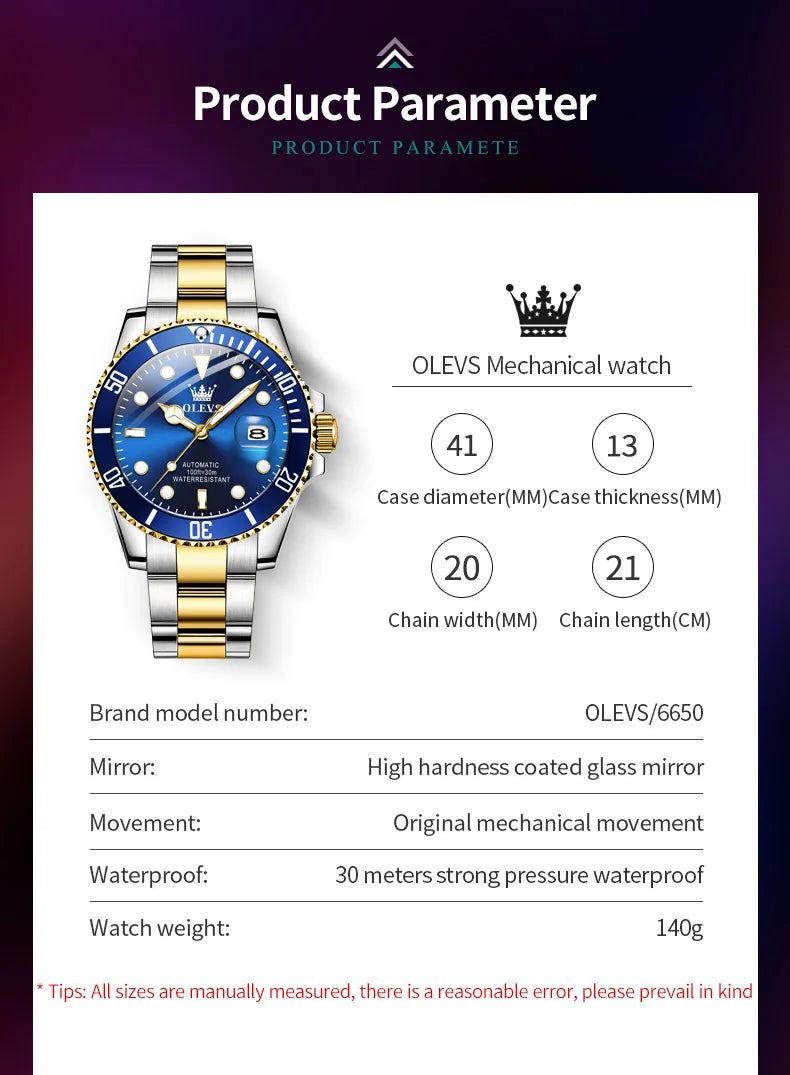 OLEVS 6650 Men Watch Classic Original Automatic Mechanical Watch For Man Zircon Scale  Waterproof Luminous Stainless Steel Reloj
