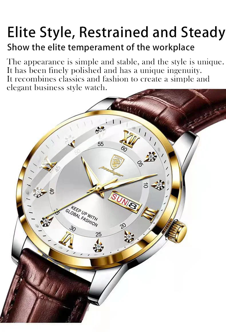 POEDAGAR Original High Quality Men Watch Waterproof Luminous Leather Sports Man Wristwatch Quartz Stylish Casual Watches For Men