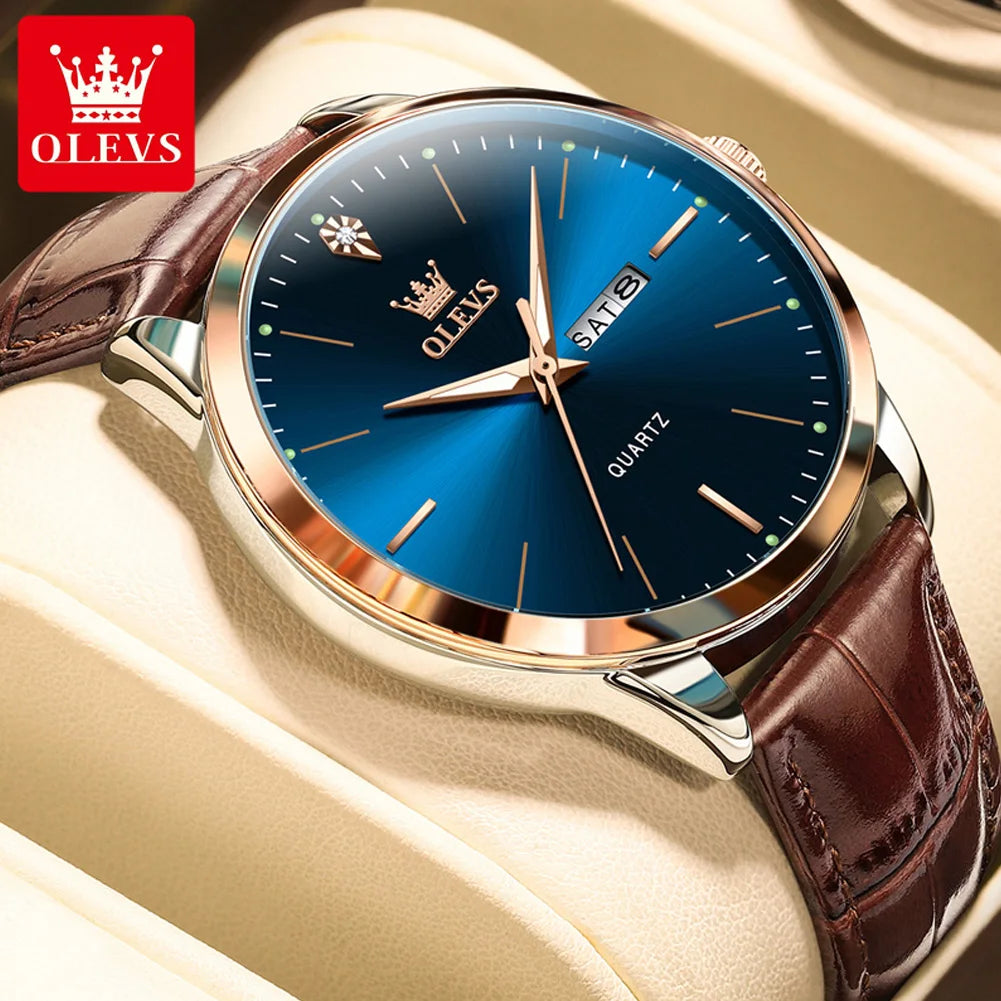OLEVS Men's Watch Brand Business Waterproof Luminous Week Date Quartz Watch Fashion Leather Strap Classic Luxury Men's Watch