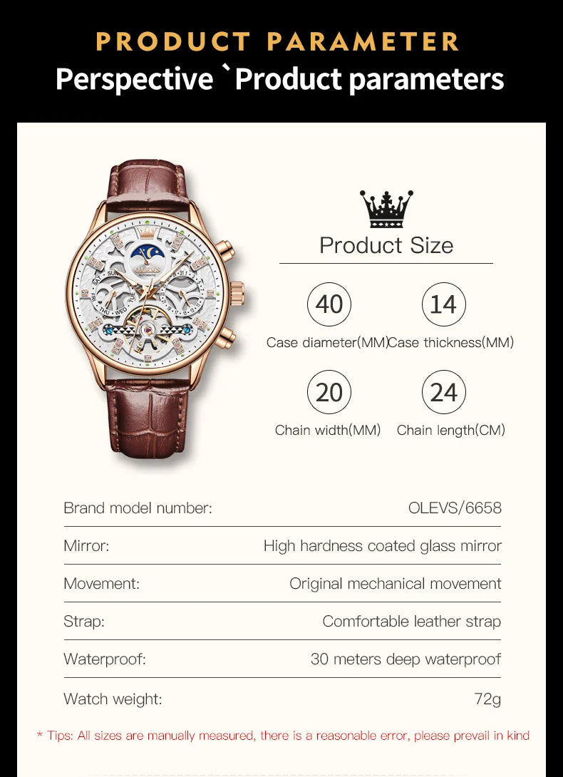 OLEVS 6658 Mens Watch Business Leather Strap Reloj  Hollow out Mechanical Automatic Wristwatch Waterproof Luminous Watch For Man