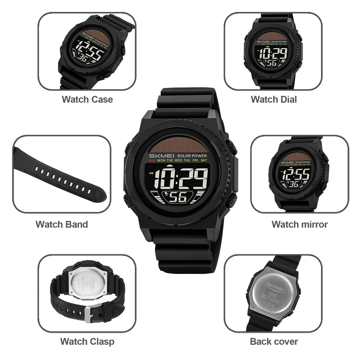SKMEI Solar Energy Digital Sports Electronic Watches For Men Fashion Casual 5Bar Waterproof Chrono Wristwatch Clock Reloj Hombre