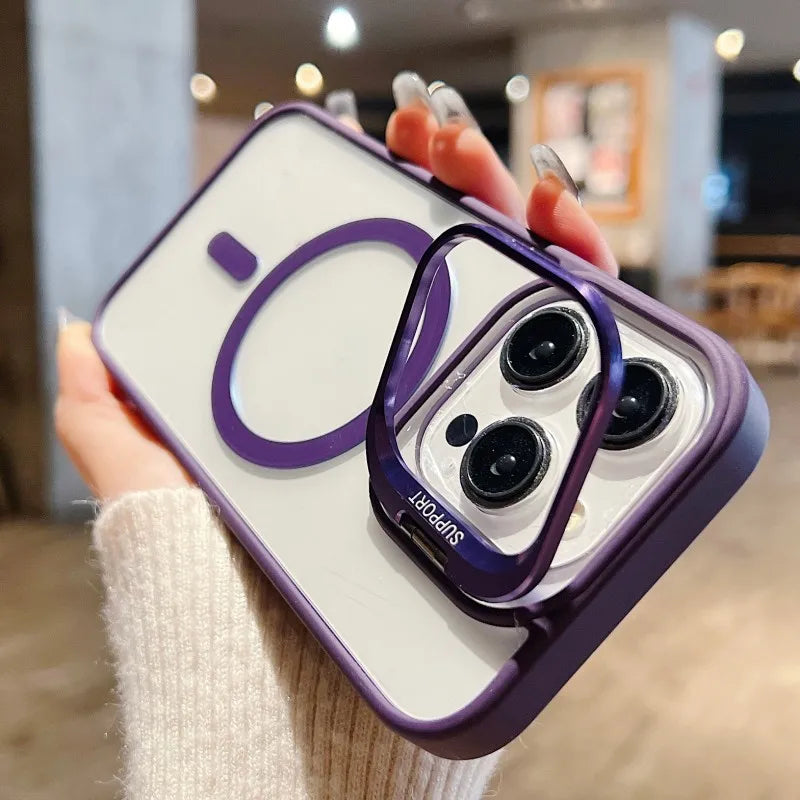 For Magsafe Stand Glass Lens Protector Case For iPhone17 16 15 14 13 11 12 Pro Max 16 Plus Luxury Magnetic Shockproof Back Cover