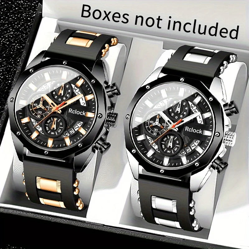 [Fashion Men's Quartz Watch ] 2pcs Casual Sports Men Watch Silicone Strap, Calendar Display, Ideal Men's Valentine's Day,