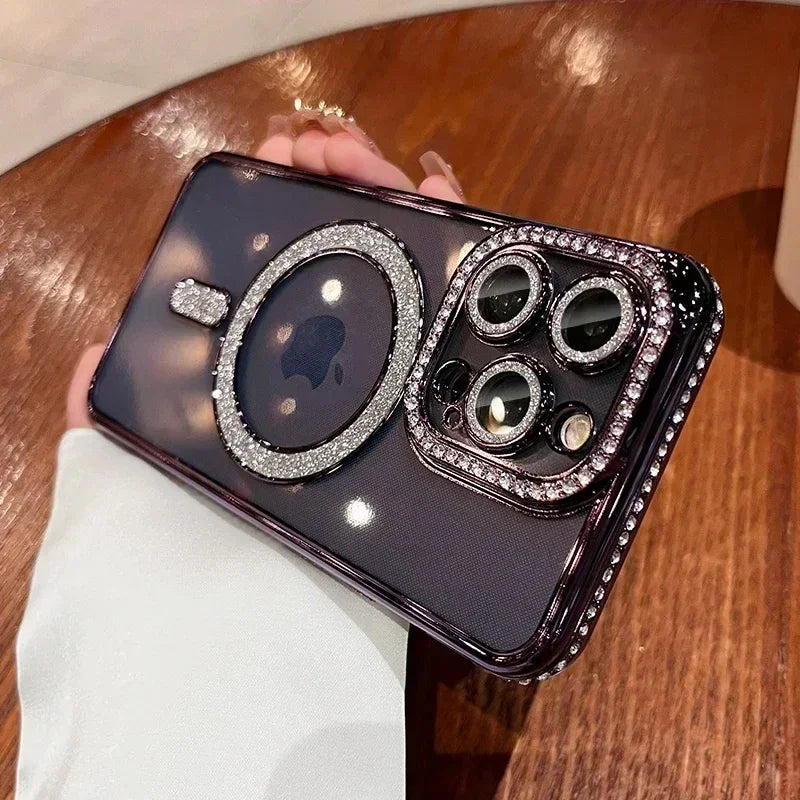 New Fashion Glitter Diamond Transparent Case For iPhone 17 16 15 14 13 11 12 Pro Max Funda Magnetic Wireless Charge Bumper Cover