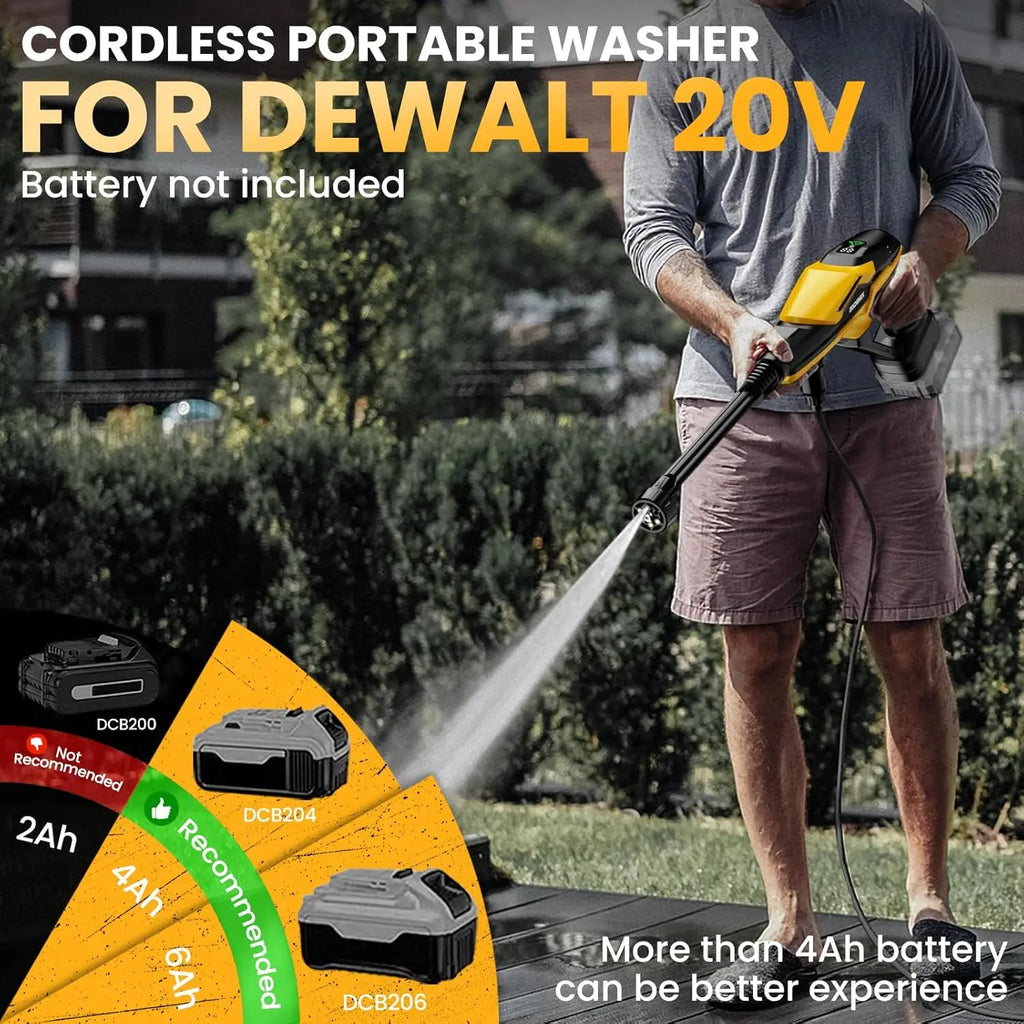 Cordless Portable Washer 800 PSI for Dewalt us 20V Battery, Brushless Motor Handheld Power Washer with 6-in-1 Nozzle, 3-Level