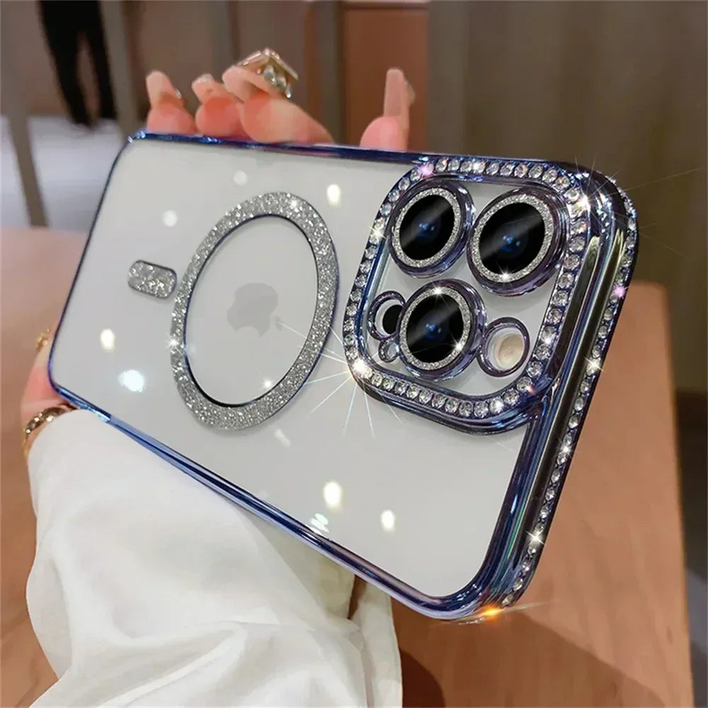 New Fashion Glitter Diamond Transparent Case For iPhone 17 16 15 14 13 11 12 Pro Max Funda Magnetic Wireless Charge Bumper Cover