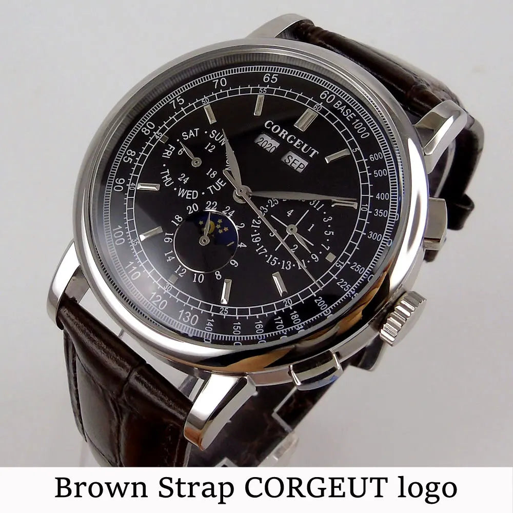 Corgeut 42mm Automatic Men's Watch Date Day Month Year Salmon Dial Multifunction 316L Leather Strap Polished Case Day Night