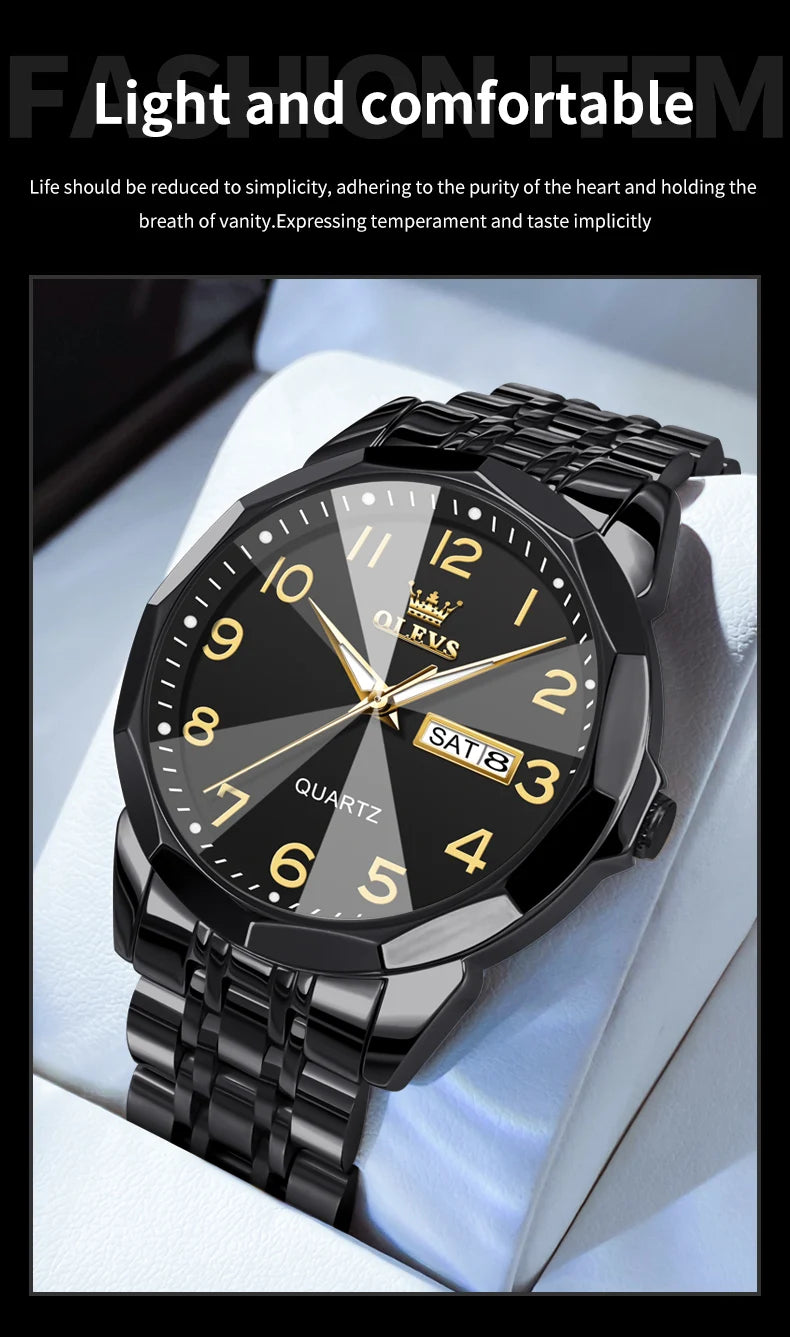 OLEVS Men's Watches Rhombus Mirror Original Quartz Watch for Man Waterproof Luminous Stainless Steel Wristwatch Male Date Week