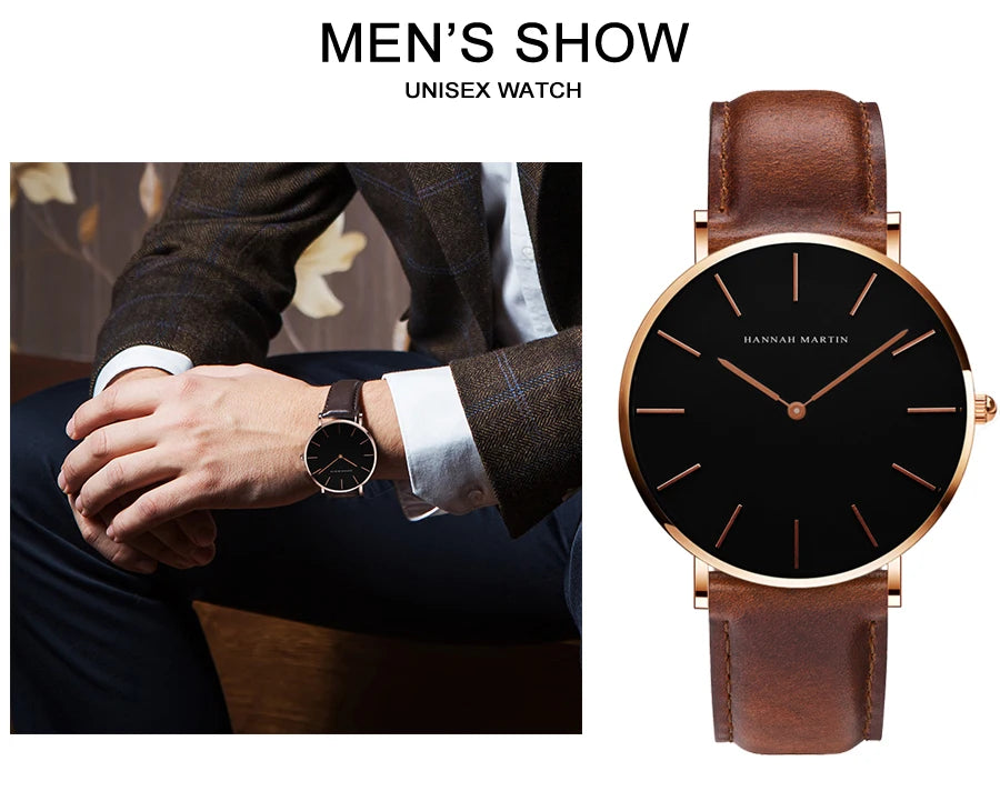 HANNAH MARTIN Brand Japan Quartz Movement Men's Waterproof Wrist Watches Fashion Luxury Ultra Thin Leather Creative Male Watches