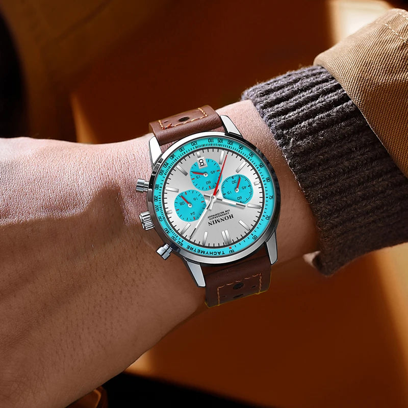 HONMIN Man Luxury Watch High Quality Waterproof Chronograph Luminous Men's Wristwatch Leather Men Quartz Watches Casual Clock