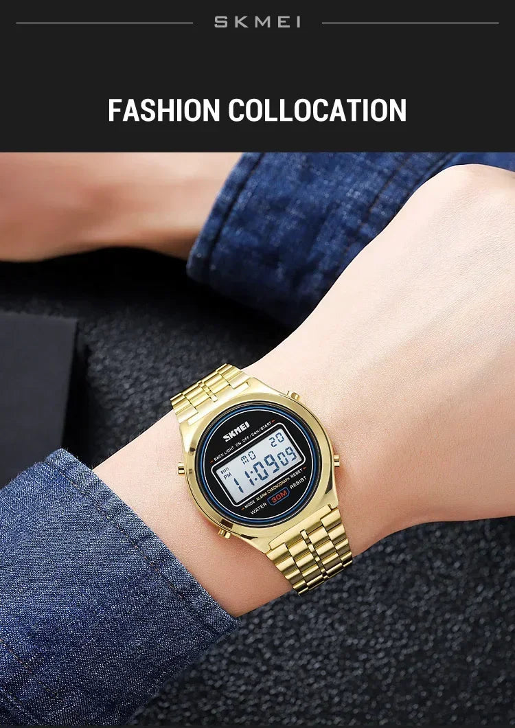 SKMEI 2146  Stainless Steel Men Waterproof Date Alarm Wriswatch reloj hombre Back Light Display Stopwatch Digital Sport Watches