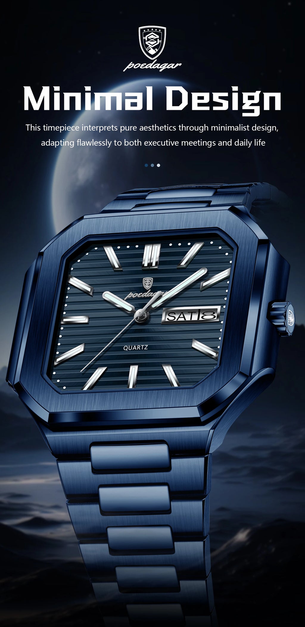 POEDAGAR Top Luxury Brand Male Watch Waterproof Luminous Date Week Quartz Men's Watches Stainless Steel Fashion Square Men Watch