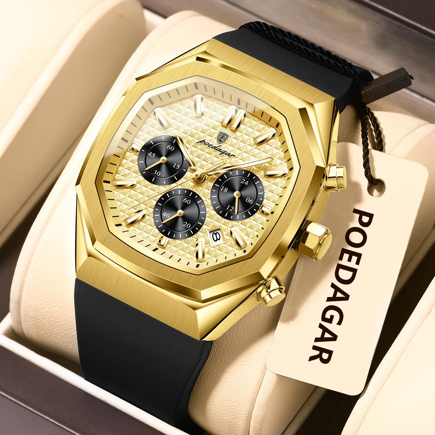 POEDAGAR Business Men's Wristwatch Chronograph Date Silicone Strap Man Watch Waterproof Luminous Military Quartz Watches For Men
