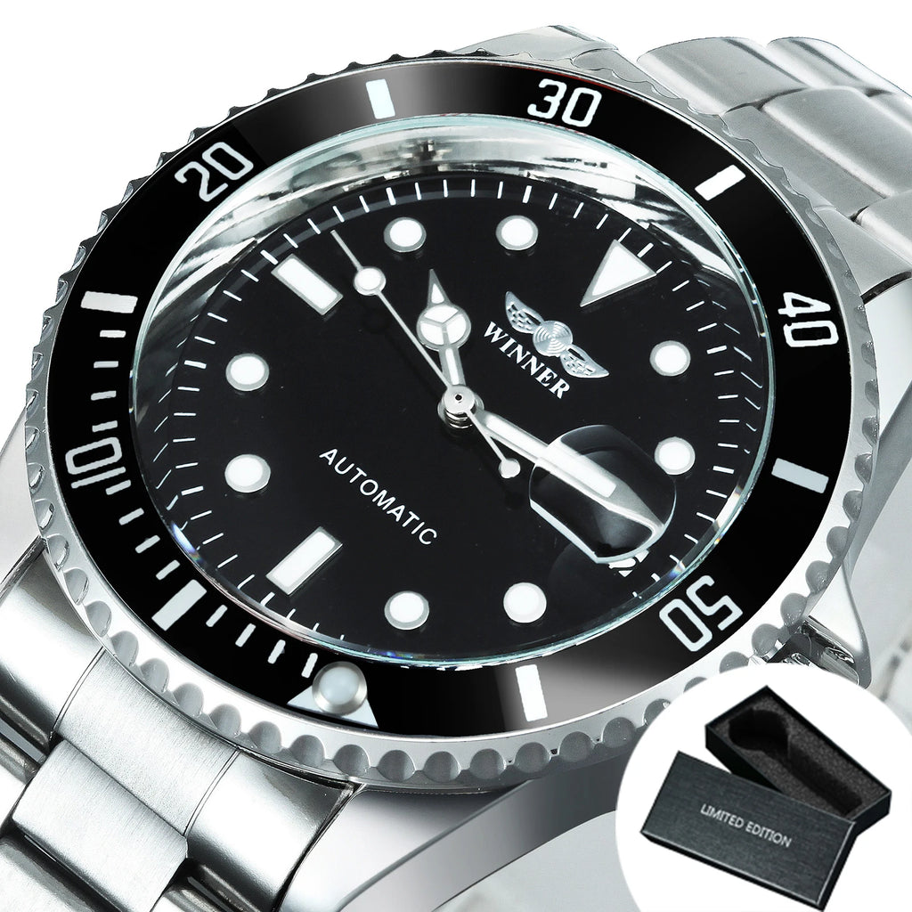 WINNER Classic Mechanical Watch for Men Rotating Bezel Luminous Calendar Fashion Business Automatic Watches Stainless Steel Band