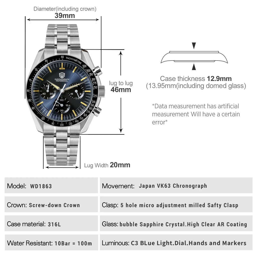 Watchdives WD1863 Quartz Watch VK63 Chronograph Movement Bubble Sapphire Crystal 10Bar Waterproof Luminous 39mm Vintage Watches