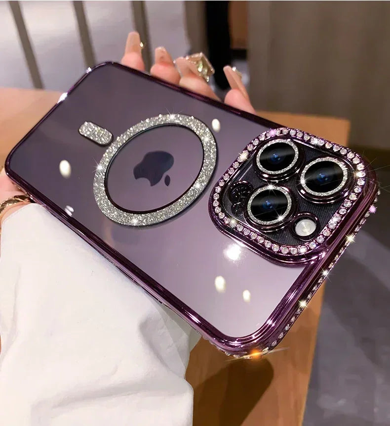New Fashion Glitter Diamond Transparent Case For iPhone 17 16 15 14 13 11 12 Pro Max Funda Magnetic Wireless Charge Bumper Cover