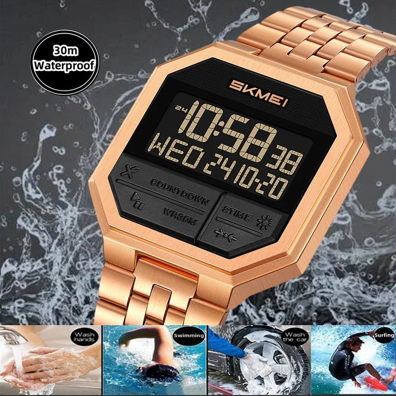 Skmei Luxury Steel Strap Digital Watches for Mens LED Light 50M Waterproof Fashion Sports Dual Time with Alarm Clock