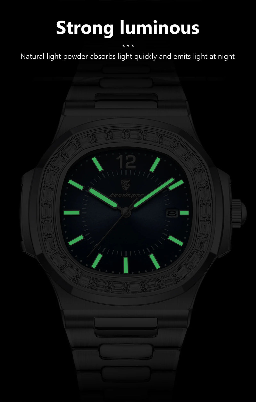 POEDAGAR Luxury Square Man Quartz Watch Waterproof Luminous Date Men's Watch High Quality Stainless Steel Business Men Watches