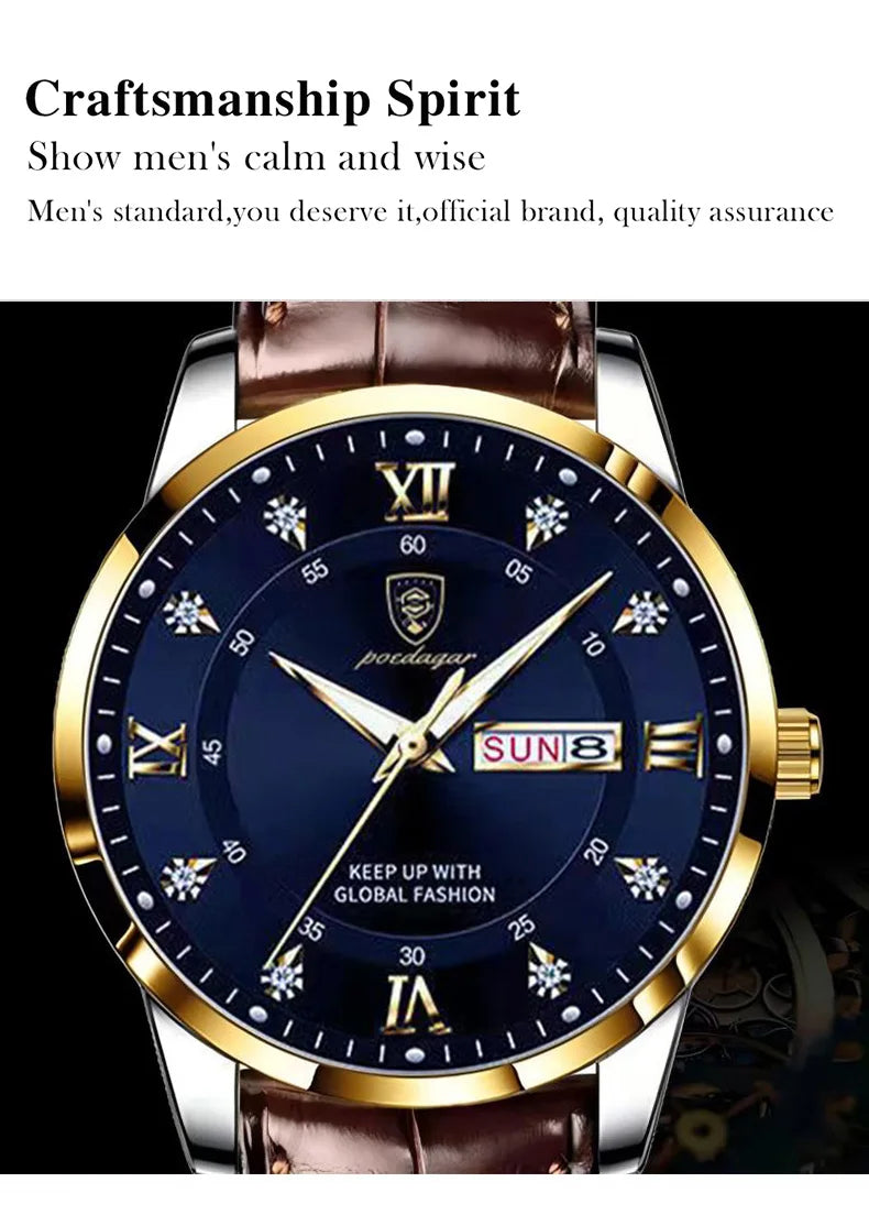 POEDAGAR Original High Quality Men Watch Waterproof Luminous Leather Sports Man Wristwatch Quartz Stylish Casual Watches For Men