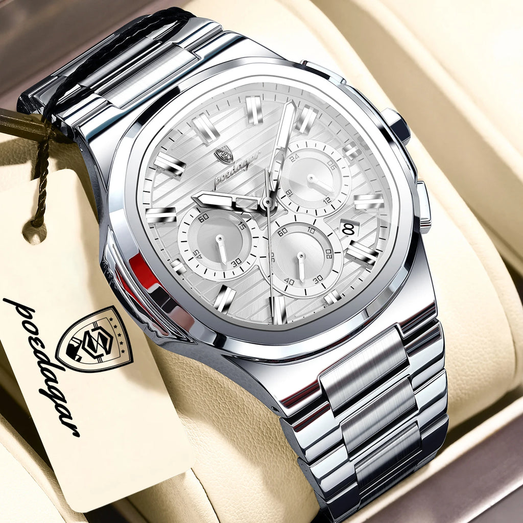 POEDAGAR Business Male Clock Date Chronograph Waterproof Luminous Luxury Men Watch Stainless Steel Quartz Fashion Men's Watches