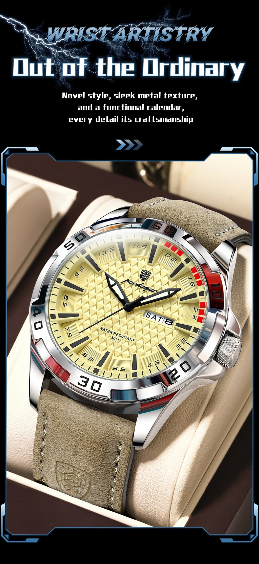 POEDAGAR Top Casual Sports Men Watch Waterproof Luminous Date Week Fashion Watch For Man Leather Classic Men's Quartz Wristwatch