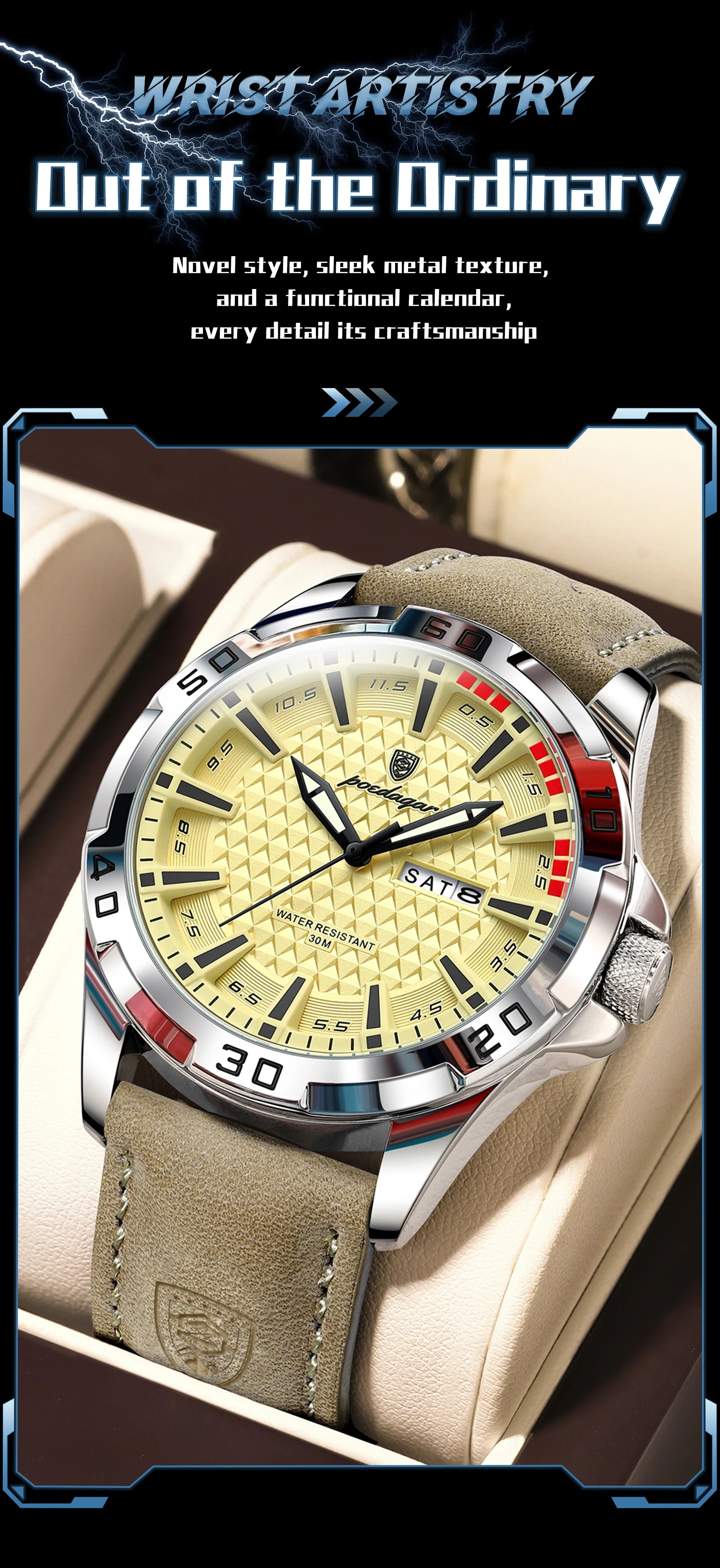 POEDAGAR Top Casual Sports Men Watch Waterproof Luminous Date Week Fashion Watch For Man Leather Classic Men's Quartz Wristwatch