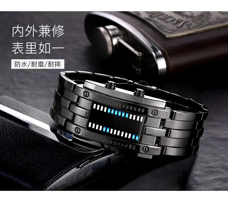 Men Watch 50m Waterproof Lava Watch Double Row Lamp Led Watch Male Binary Steel Band Electronic Sport Watch Relogios Masculino