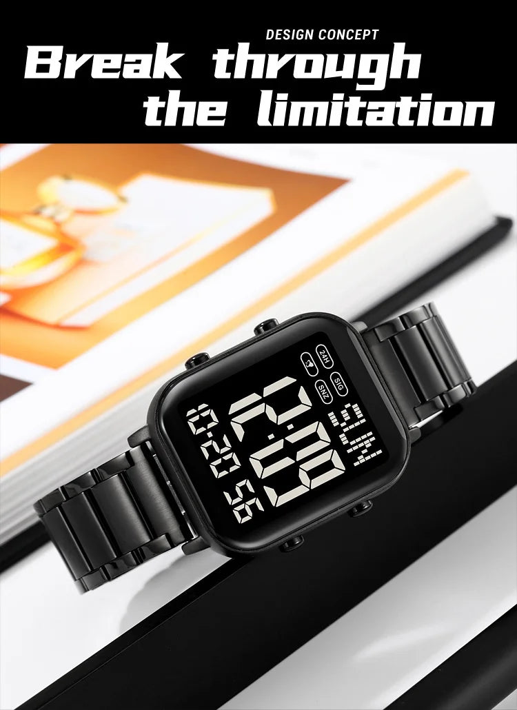 Skmei Men Digital Watches Luxury Stainless Steel Strap Dual Time Zone Man Sports Bracelet Watch 30M Waterproof Male Alarm Clock
