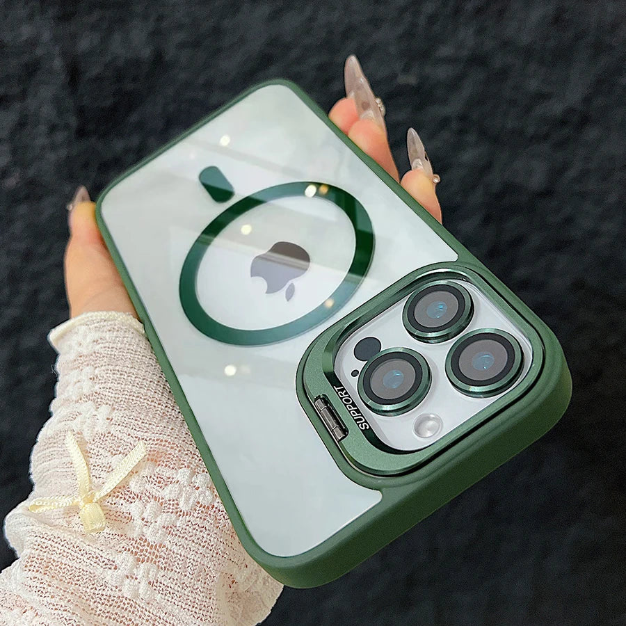 Luxury Magnetic Shockproof Phone Case For iPhone 17 15 16 14 13 12 11 Pro Max For Magsafe Funda Stand Glass Lens Protector Cover
